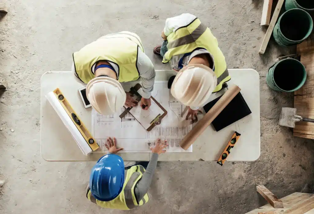 Three construction workers wearing safety gear reviewing blueprints and plans on a table at a construction site, surrounded by tools and building materials.