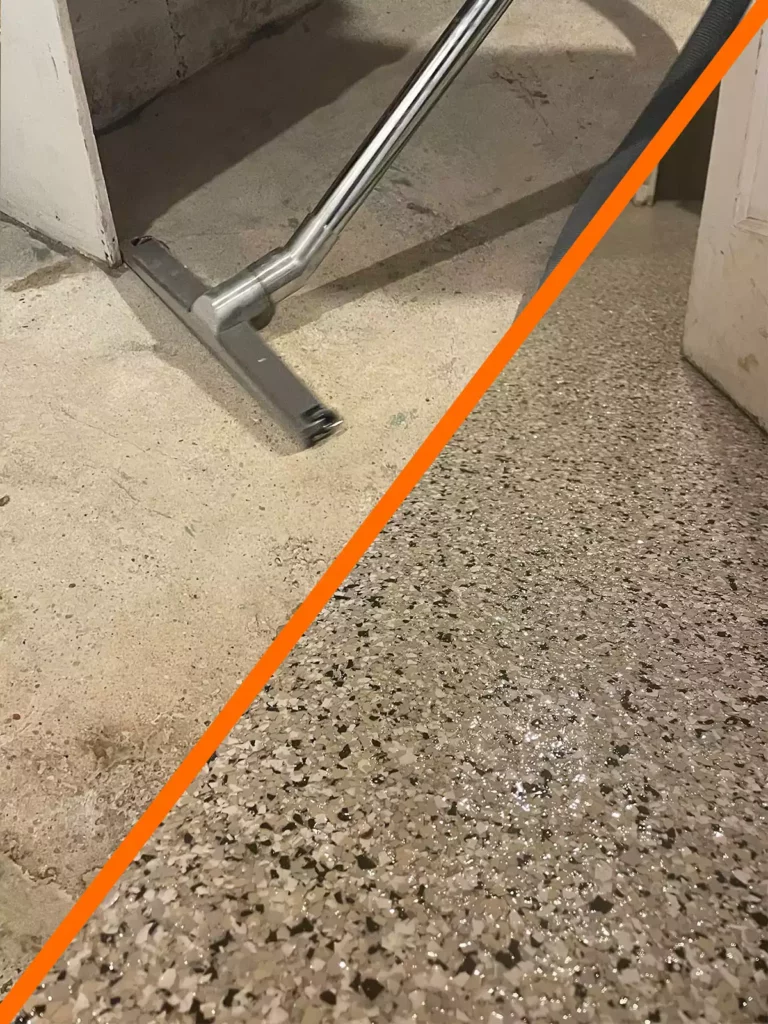 The image shows a comparison of a plain concrete floor and an epoxy-coated floor in a basement area, separated by an orange diagonal line.