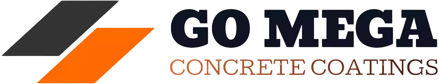 The image shows the logo of Go Mega Concrete Coatings, featuring stylized black and orange shapes with bold text. No landmarks or historical buildings.